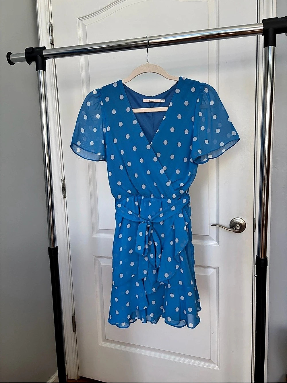 Blue and White Polka Dot Wrap Mini Dress